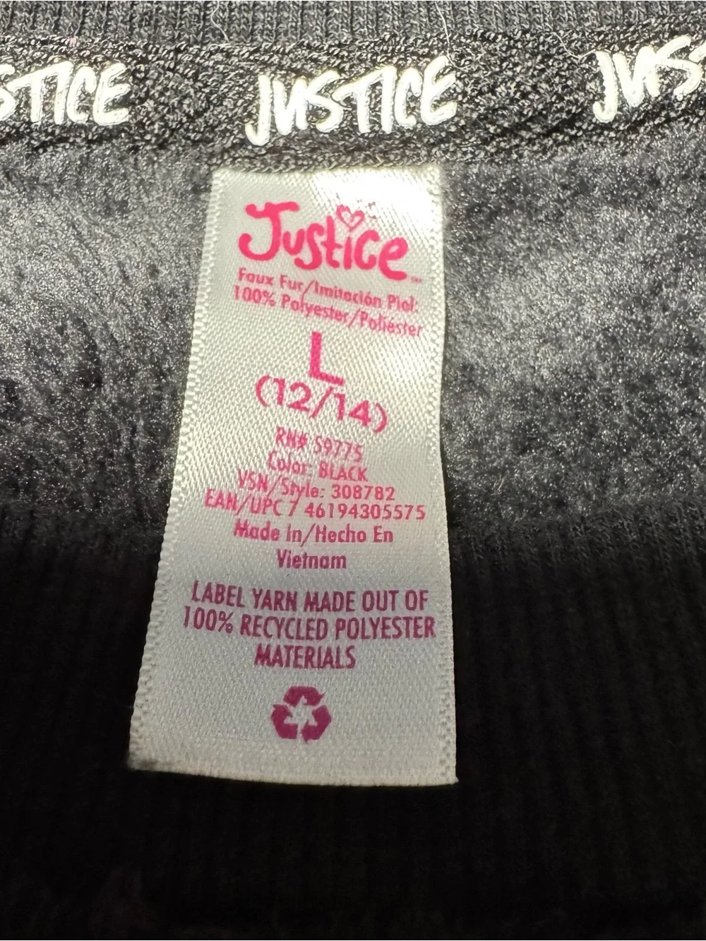 Justice Black Plush Crewneck Sweatshirt with Pink Teal Purple Logo